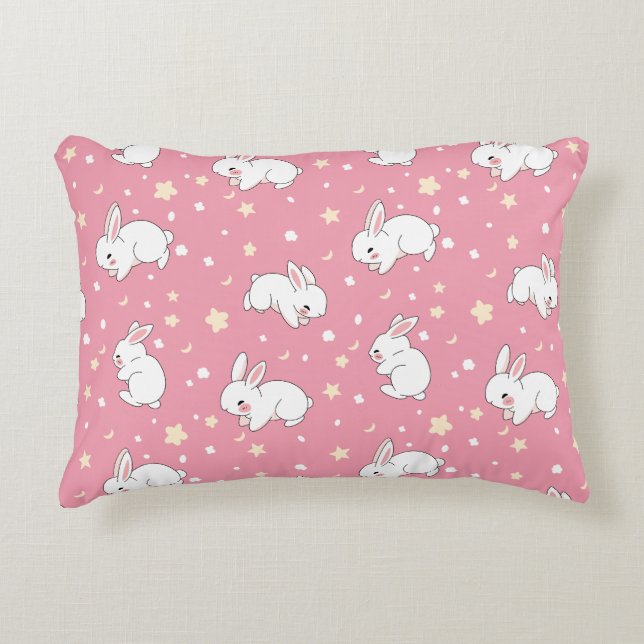Söt rosa kawaii kanin doodle prydnadskudde (Framsidan)