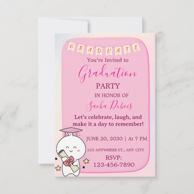 Söt Rosa Kawaii Karaktär Examen Fest Inbjudan (Framsida)