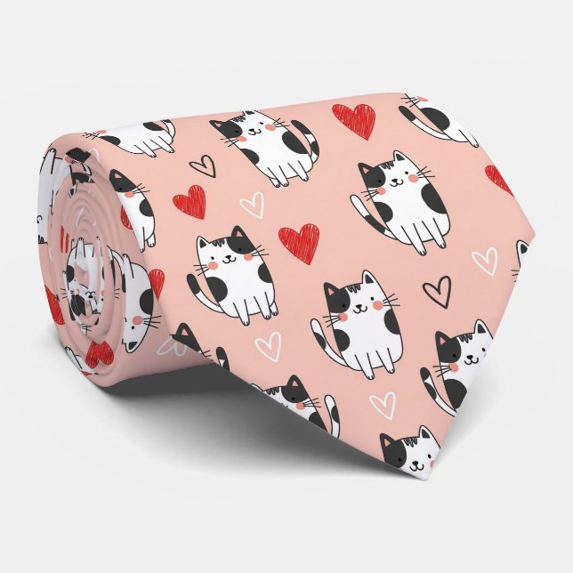 Söt Rosa Kawaii Katter & Hjärtan Mönster (3) Slips (Rullad)