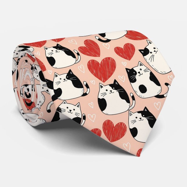 Söt Rosa Kawaii Katter & Hjärtan Mönster (6) Slips (Rullad)
