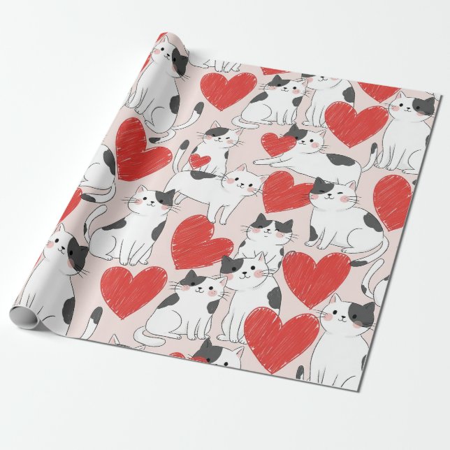 Söt Rosa Kawaii Katter & Hjärtan Mönster (7) Presentpapper (Utrullad)