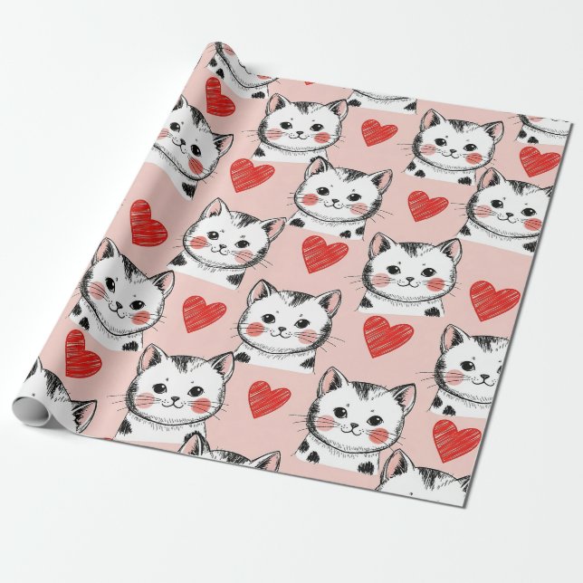 Söt Rosa Kawaii Katter & Hjärtan Mönster (8) Presentpapper (Utrullad)