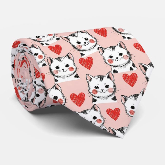 Söt Rosa Kawaii Katter & Hjärtan Mönster (8) Slips (Rullad)