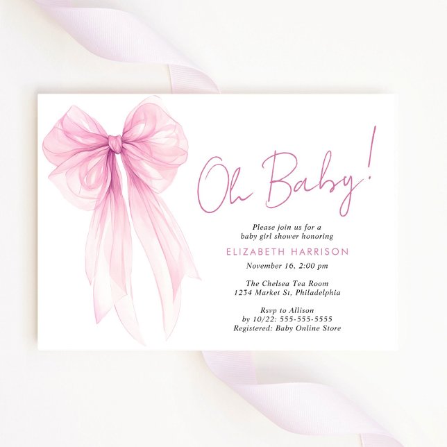 Söt Rosa Kokett Båge Vattenfärg Babyflicka Shower Inbjudningar (Celebrate the upcoming arrival of your baby girl with a beautiful baby shower invitation)