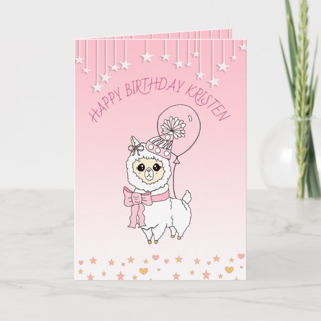 Söt Rosa Lama Flickas Personliga Glad Födelsedag Kort (Framsida)