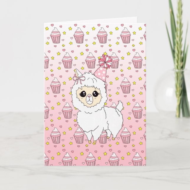 Söt Rosa Lama Flickas Personliga Glad Födelsedag Kort (Framsida)