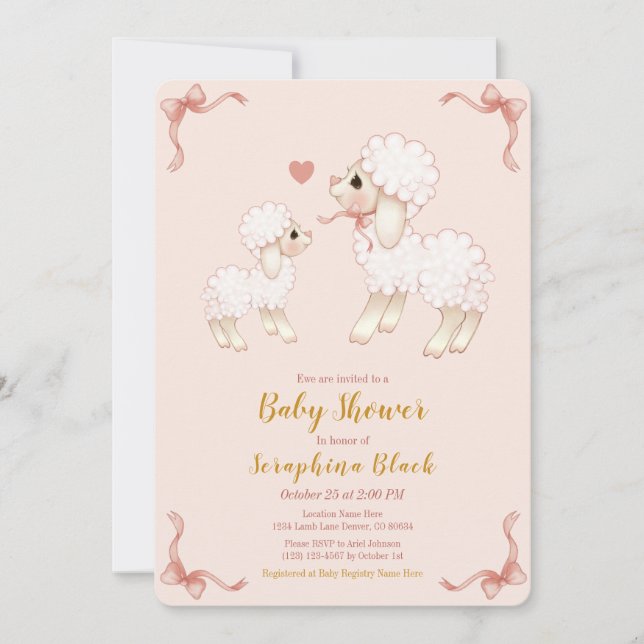 Söt Rosa Lamb Baby Shower-inbjudan Inbjudningar (Framsida)