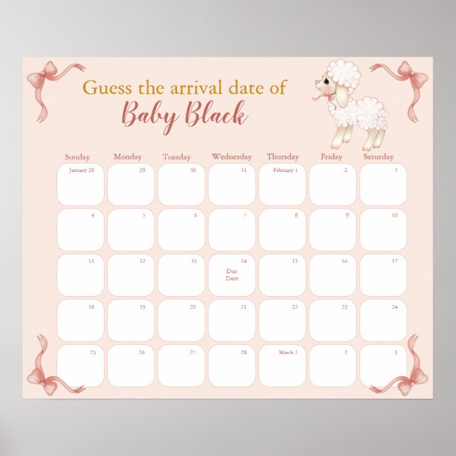 Söt rosa lamm Baby Shower Datumkalender Poster (Framsidan)