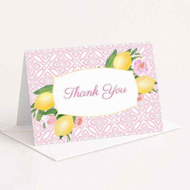 Söt Rosa Lemons Blommigt Girl Baby Shower Tack Kort (Pretty pink and white tiles with lemons and pink floral detail baby girl shower thank you cards)