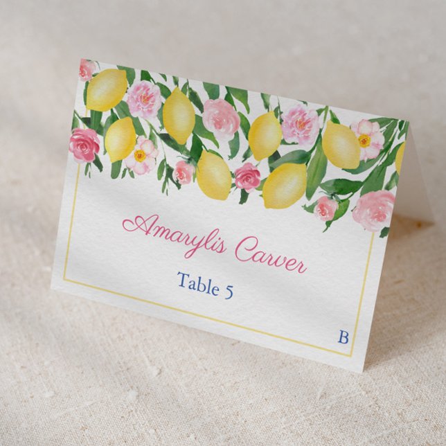 Söt Rosa Lemons Meal Choials Bröllop Place Card Bordsnummer (Lemons with pretty pink flowers bridal shower or wedding individual place card design)