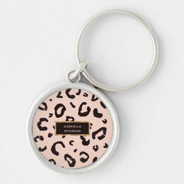 Söt Rosa Leopard Guld Ram Rund Silverfärgad Nyckelring (Framsidan)