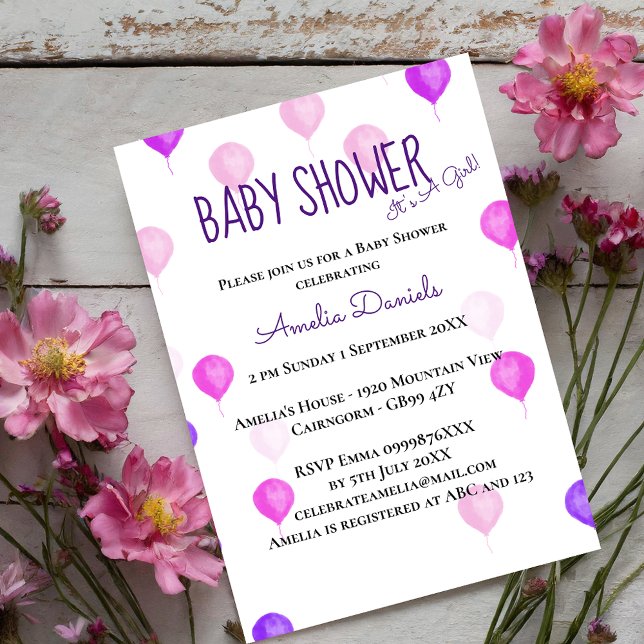 Söt Rosa Lila Ballon Baby Shower-inbjudan för baby Inbjudningar (Skapare uppladdad)