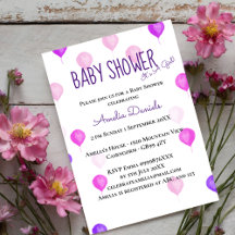 Söt Rosa Lila Ballon Baby Shower-inbjudan för baby