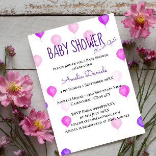 Söt Rosa Lila Ballon Baby Shower-inbjudan för baby Inbjudningar