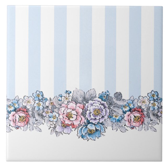 Söt Rosa, Lila & Blåa blommor & Rand Kakelplatta (Framsidan)