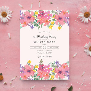 Söt Rosa Lila Blommigt 1:a födelsedag Party Inbjudningar
