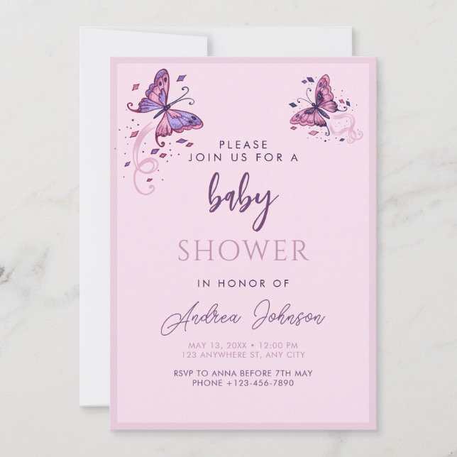 Söt Rosa Lila Butterfly Baby Shower Party Inbjudningar (Framsida)