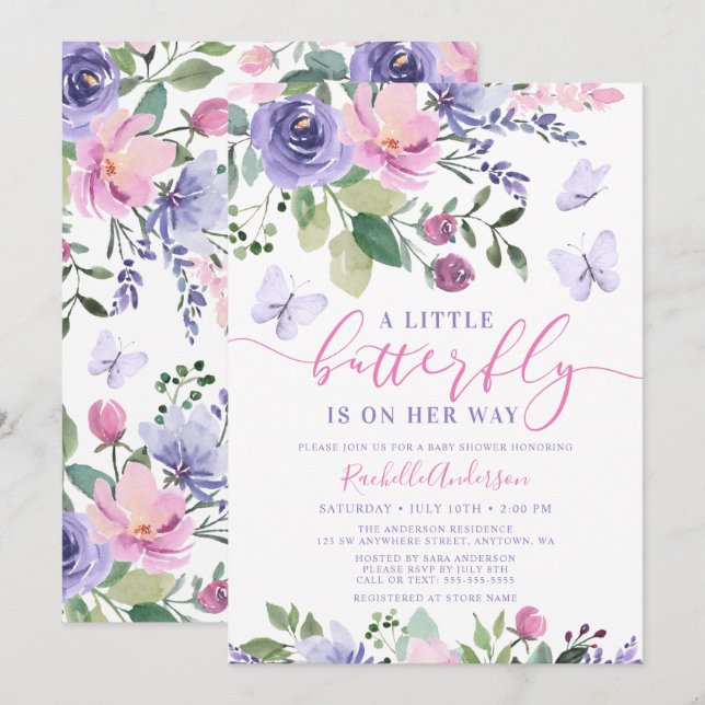 Söt Rosa Lila Butterfly Girl Baby Shower Inbjudningar (Fram/baksida)