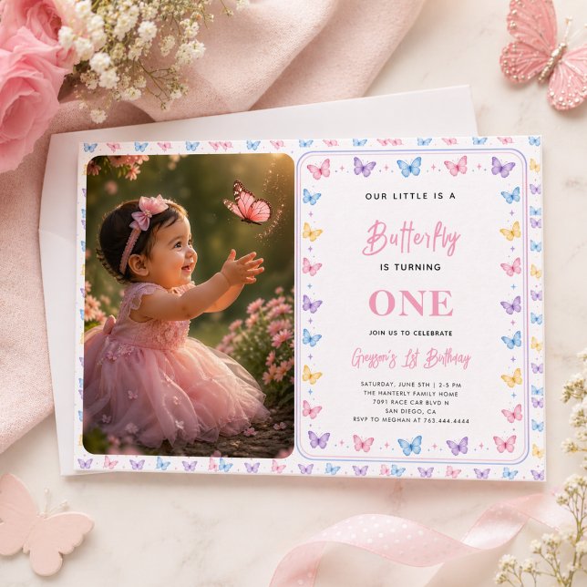 Söt Rosa Lila Fjäril 1-års Födelsedag för Flickor Inbjudningar (Cute Pink Purple Butterfly 1st Birthday for Girls)