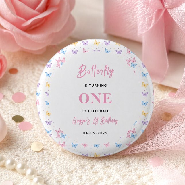 Söt Rosa Lila Fjäril 1-års Födelsedag för Flickor Knapp (Cute Pink Purple Butterfly 1st Birthday for Girls Button
)