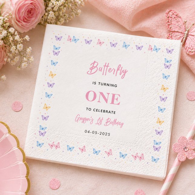 Söt Rosa Lila Fjäril 1-års Födelsedag för Flickor Pappersservett (Cute Pink Purple Butterfly 1st Birthday for Girls Napkins
)