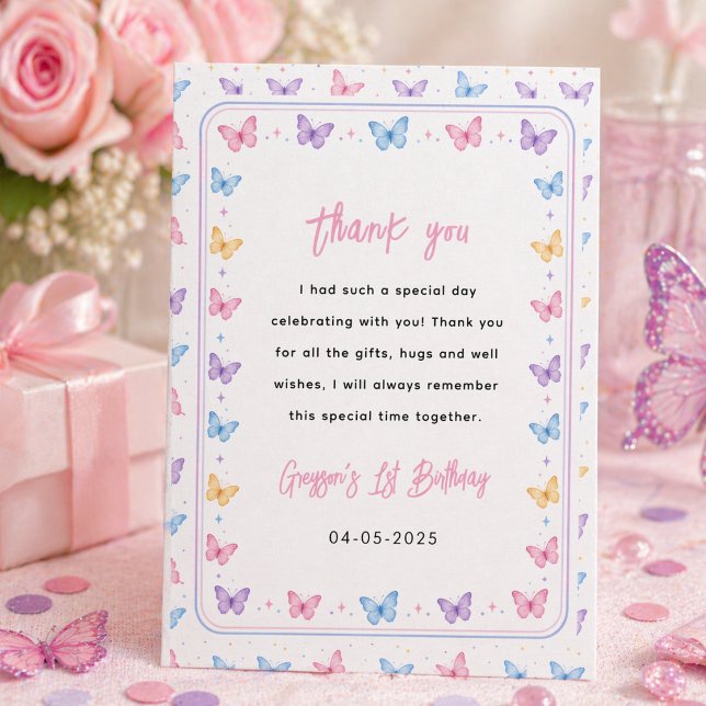 Söt Rosa Lila Fjäril 1-års Födelsedag för Flickor Tack Kort (Cute Pink Purple Butterfly 1st Birthday for Girls Thank You Card
)