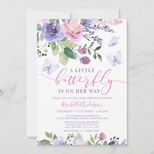 Söt Rosa Lila Fjäril Flicka Baby Shower Inbjudningar