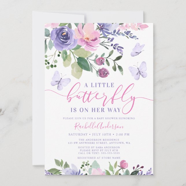 Söt Rosa Lila Fjäril Flicka Baby Shower Inbjudningar (Framsida)