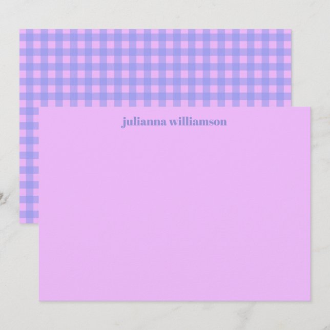Söt rosa lila gingham personlig brevpapper anteckningskort (Fram/baksida)