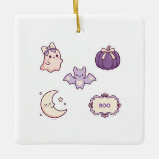 Söt Rosa Lila Halloween Spök Bat Pumpa Måne Julgransprydnad Keramik