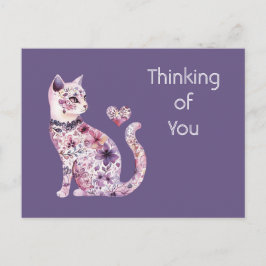 Söt Rosa Lila Hjärtan Rosor Blommig Katt Vykort