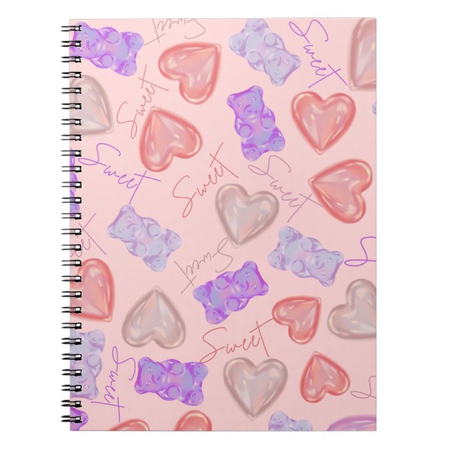 Söt Rosa Lila Nalle & Heart Mönster Anteckningsbok (Framsidan)