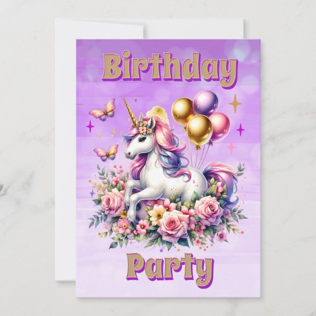 Söt Rosa, Lila och Guld Unicorn Birday Inbjudningar (Framsida)