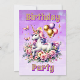 Söt Rosa, Lila och Guld Unicorn Birday Inbjudningar