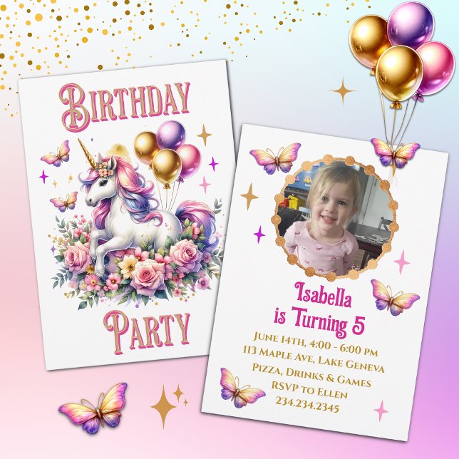 Söt Rosa, Lila och Guld Unicorn Birday Inbjudningar (Skapare uppladdad)