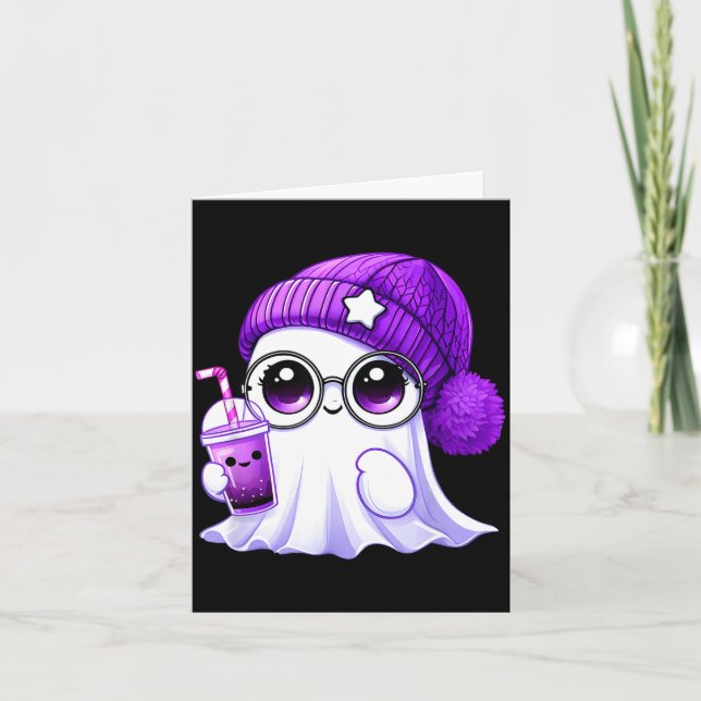 Söt rosa lila spökliknande kaffe halloween-spöken  kort (Framsida)