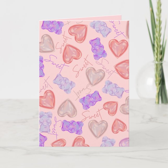 Söt Rosa Lila Teddybjörn & Hjärtmönster Kort (Framsida)