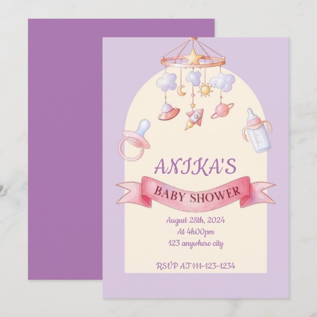 Söt rosa lila tjej baby shower  inbjudningar (Fram/baksida)