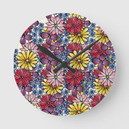 Söt Rosa Lilac Blue Red Wildblomma Illustration Rund Klocka