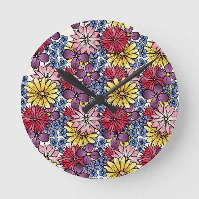Söt Rosa Lilac Blue Red Wildblomma Illustration Rund Klocka (Framsida)
