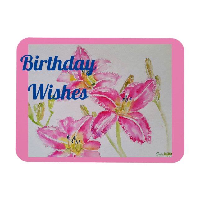 Söt Rosa Lily Watercolor Birthday Magnet (Horisontell)