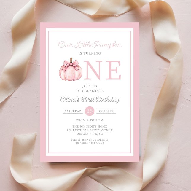 Söt Rosa Liten Pumpa 1-års Födelsedag Inbjudningar (Cute Pink Little Pumpkin 1st Birthday Invitation)