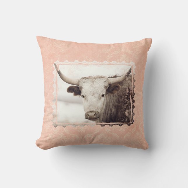 Söt Rosa Longhorn Pillow Kudde (Framsida)