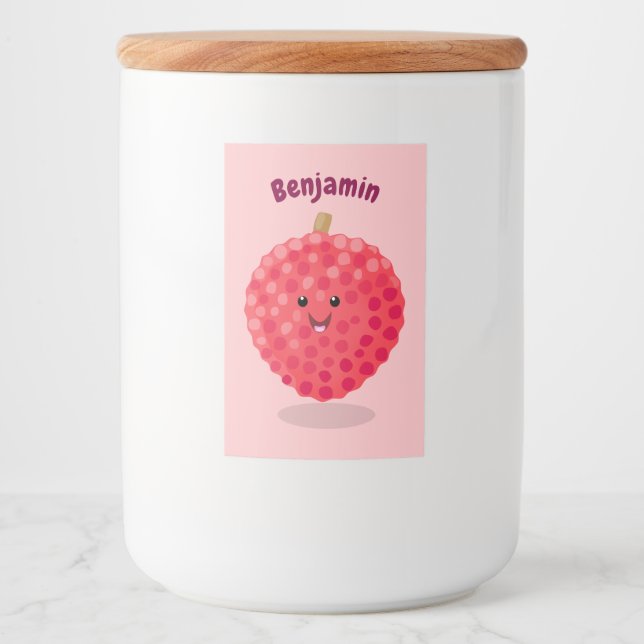Söt rosa lychee-illustration i tecknad stil mat etikett (Framsida)