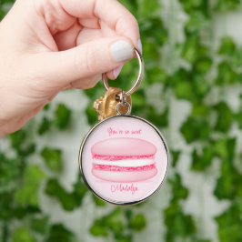 Söt rosa macaron så söta flickor namn rund silverfärgad nyckelring