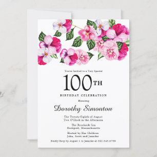 Söt Rosa Magenta Vit Blommigt 100 födelsedagar Inbjudningar