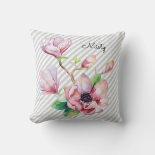 Söt Rosa Magnolia Blommigt Grått Rand och Namn och Kudde