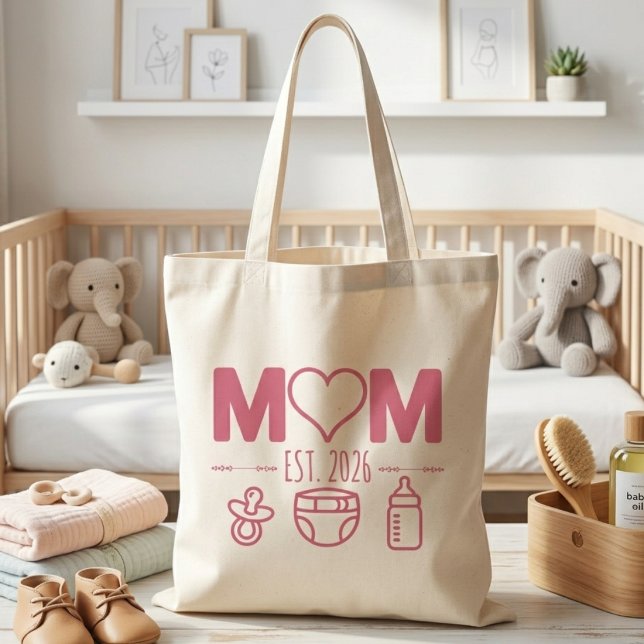Söt Rosa Mamma Est År Baby Ikoner Design Tygkasse (Skapare uppladdad)