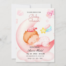 Söt Rosa Mån Baby Inbjudningar
