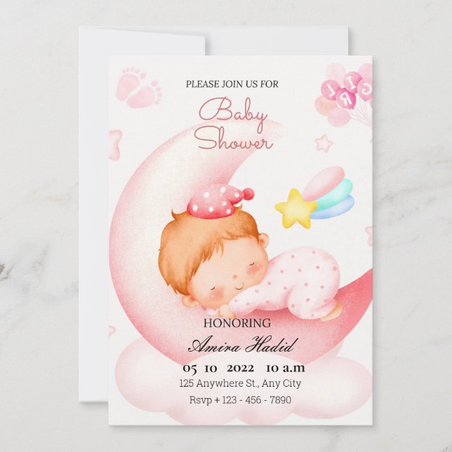 Söt Rosa Mån Baby Inbjudningar (Framsida)